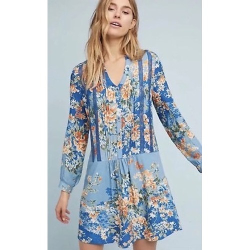 Anthropologie x Tiny Blue Floral Lace Trim Pintuck Mini Dress | Size Medium
